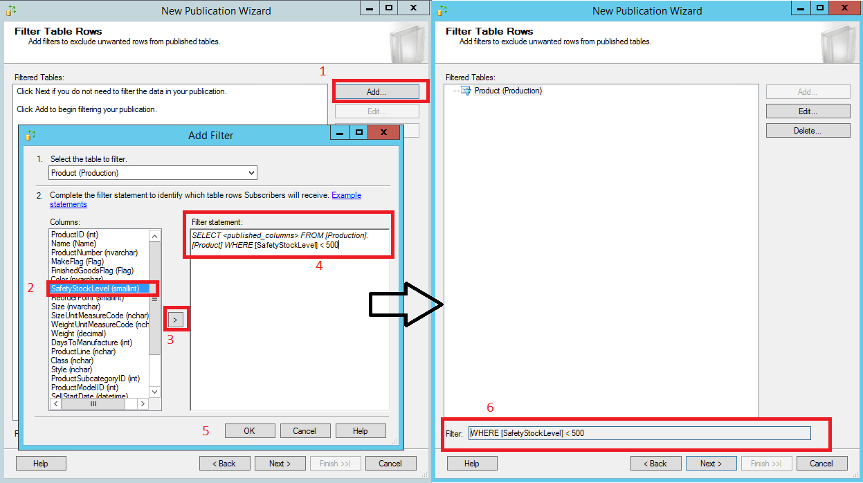 sql server transactional replication- filter table rows